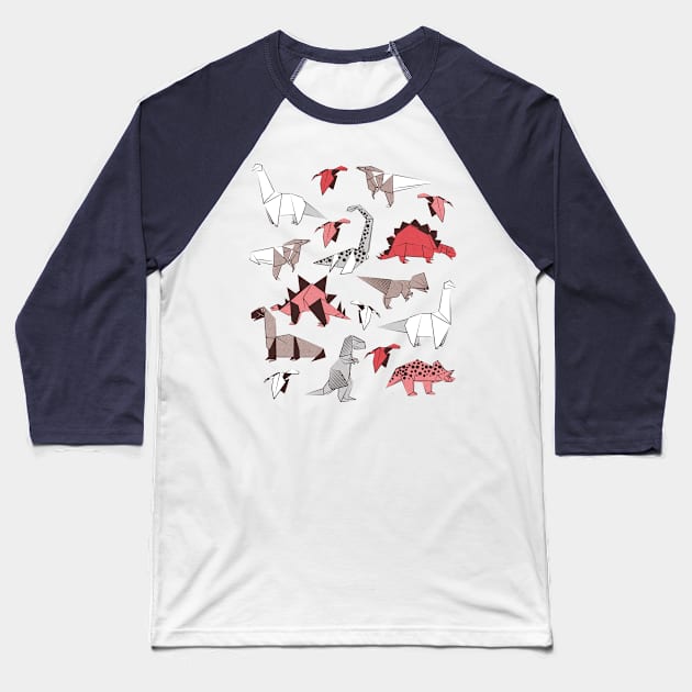 Origami dino friends // print // red white and beige dinosaurs Baseball T-Shirt by SelmaCardoso